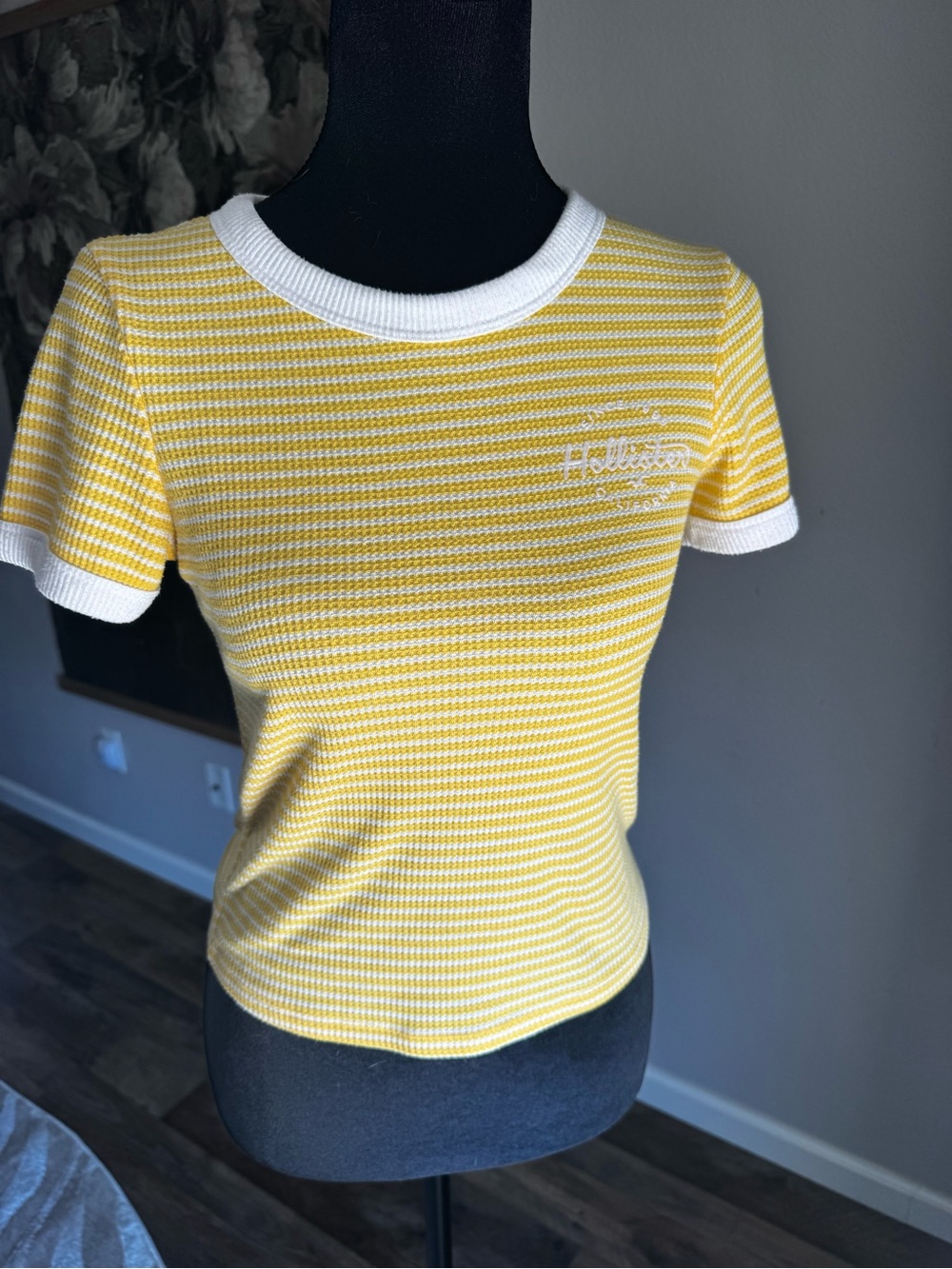 Hollister Yellow & White Striped Ribbed Crewneck Tee